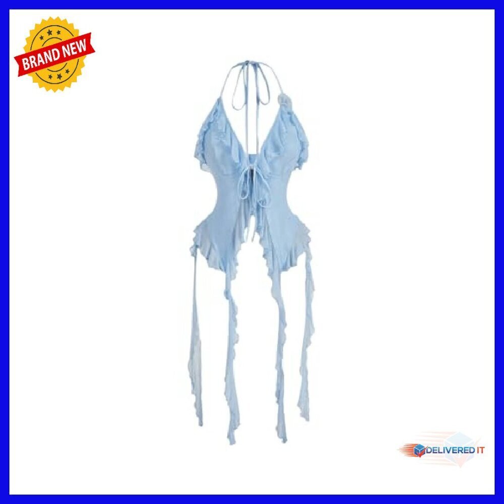 Women's 3D Flower Tie Front Halter Camisole Top with Ruffle Trim - Picture 2 of 5